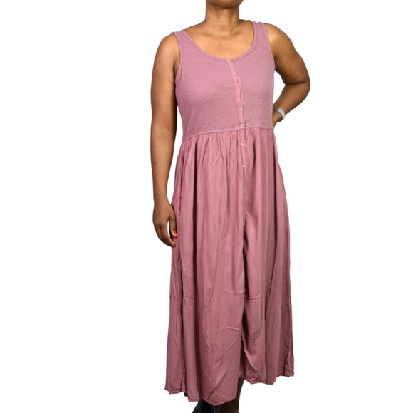 Frye Easy Button Front Dress Pink Mauve Tank Jersey Knit Pockets Rayon Medium - Picture 1 of 15